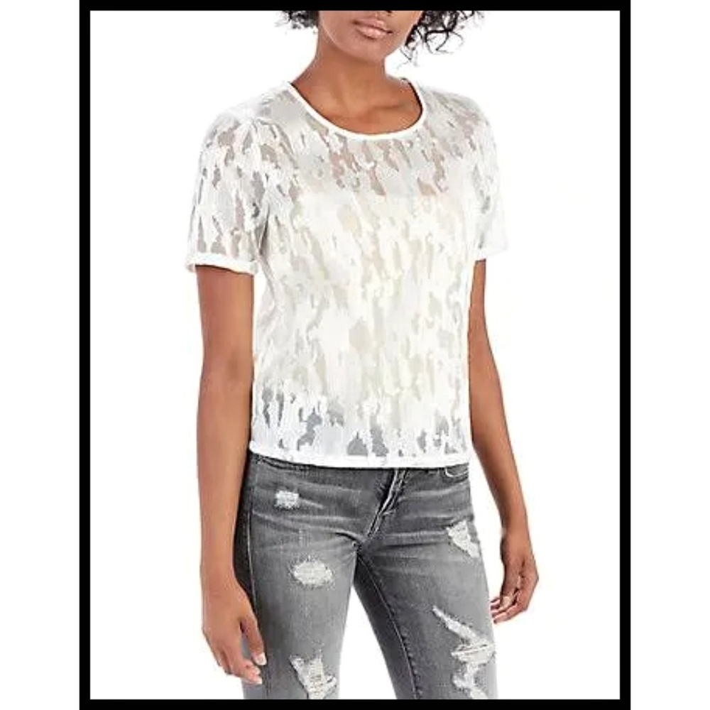 True Religion Sheer Camo Boxy Shirt Sleeve Rounded Neck Top White Large NWOT